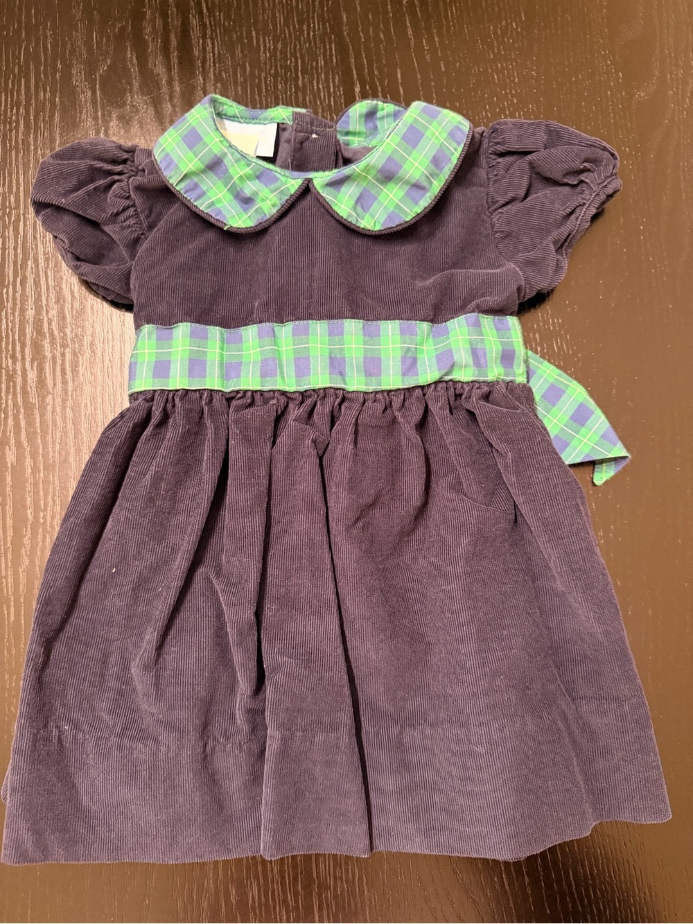 Girls Navy Corduroy Dress with Green Plaid Trim